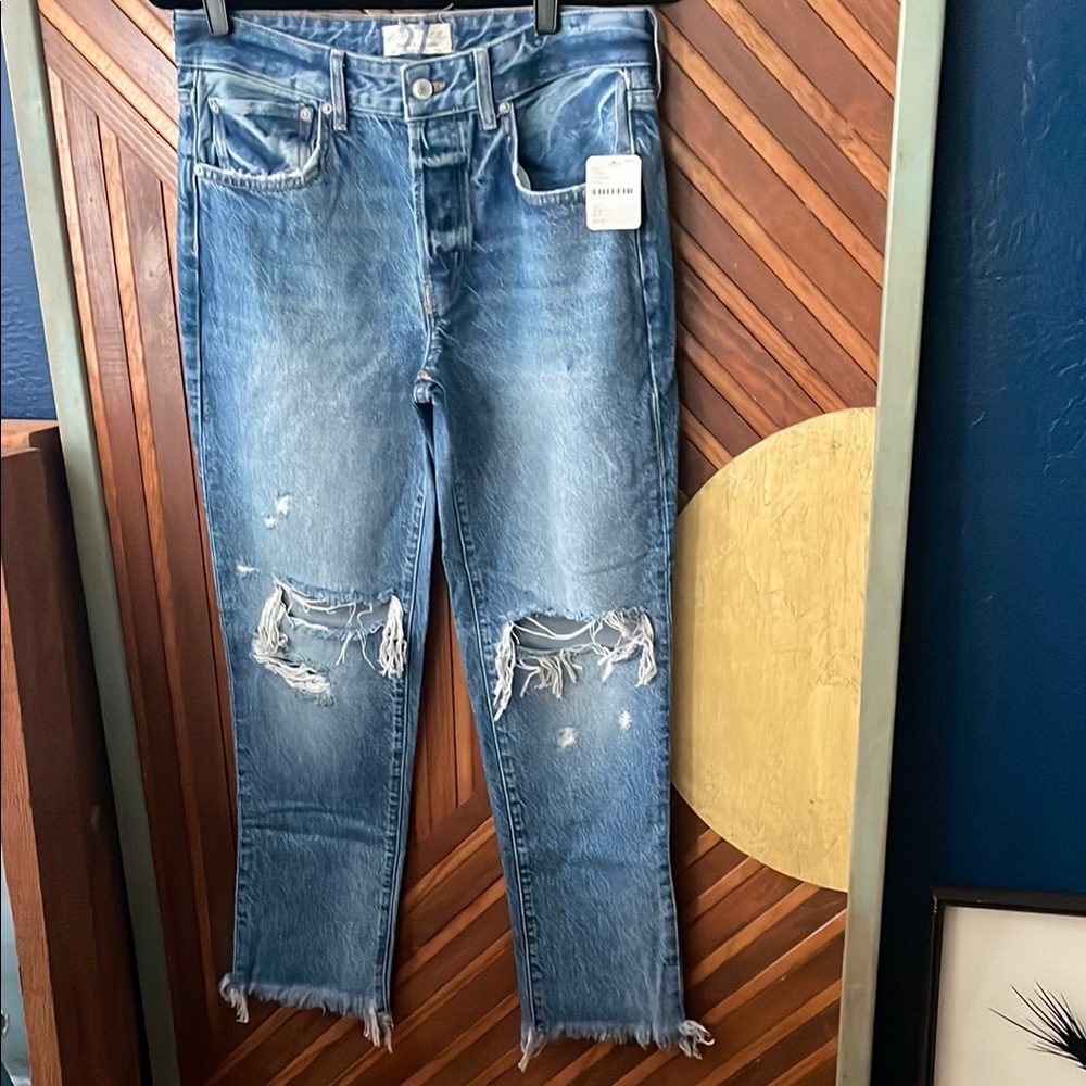 Free People Blue Ankle Cropped Jeans Distressed